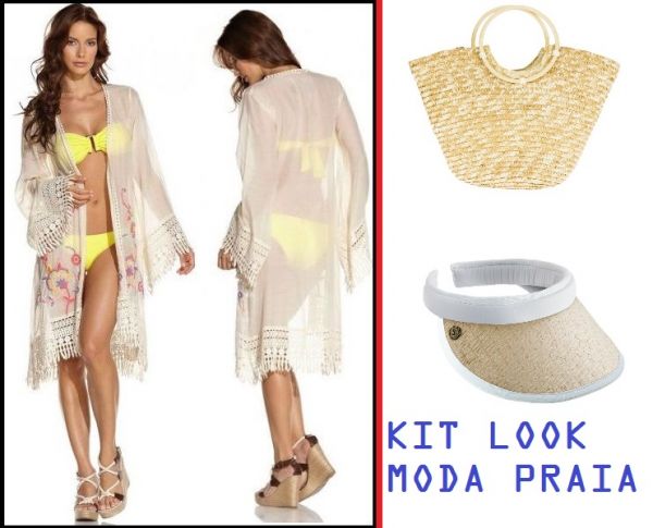 kit Look Moda Praia-Saída de praia+Viseira+Bolsa